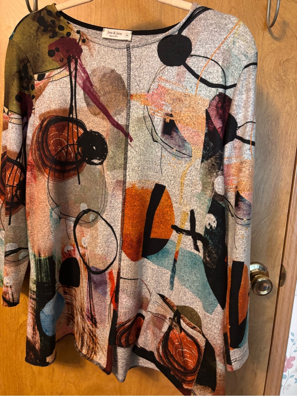 Abstract Multicolor Women's Cardigan - Gray Base with Orange & Teal Accents